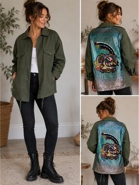 Zara Woman XS Green Utility Jacket Sequin Embroidered Wild Back Statement